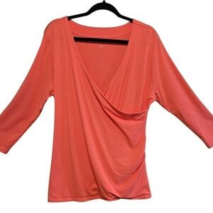 Soft Surroundings coral, faux wrap, pima cotton top with 3/4 sleeves.